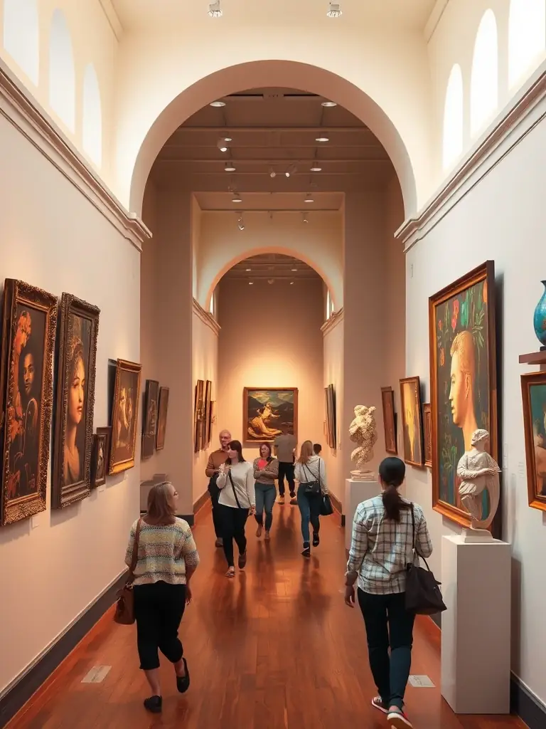 A high-quality photograph of a Gilbert Ganteaume art exhibition, showcasing a variety of his sculptures and paintings, with visitors admiring the artwork in a well-lit gallery setting. The image should convey the elegance and sophistication of the exhibition.