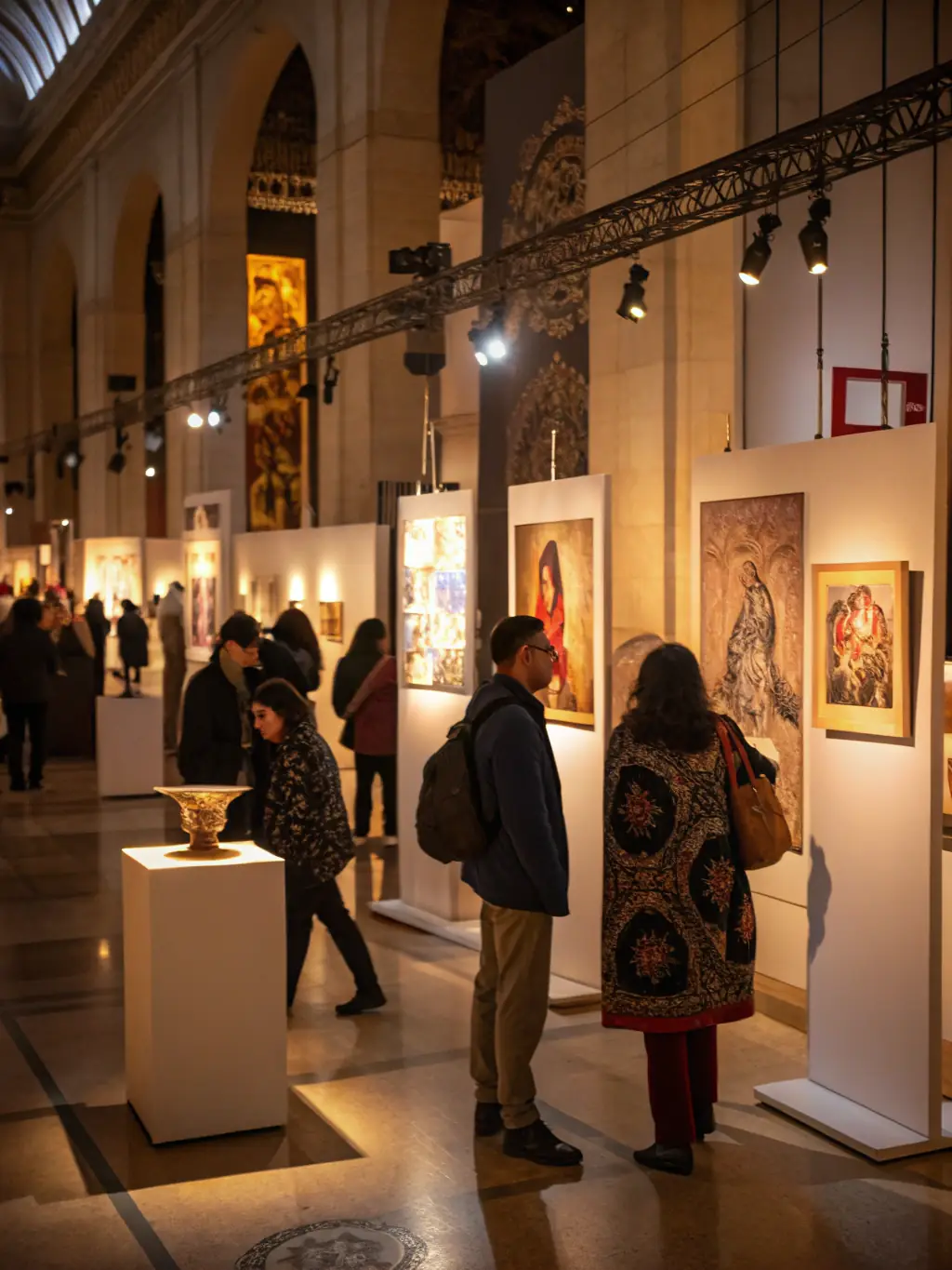 A photograph capturing a GAM-organized art exhibition showcasing Gilbert Ganteaume's work, with attendees admiring the pieces and engaging in discussions.