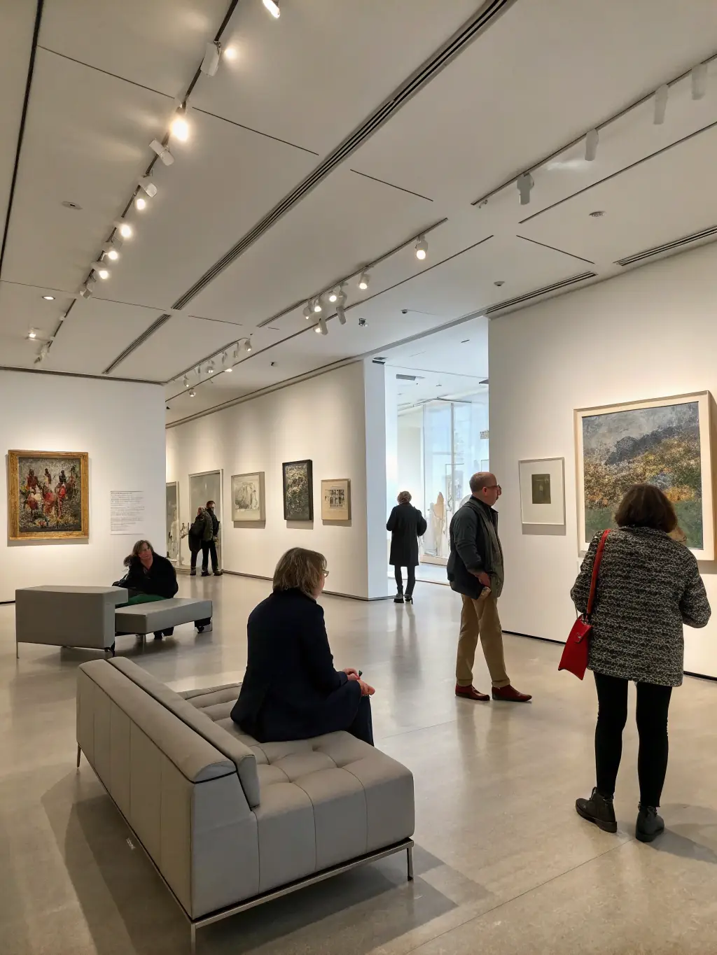 A photograph of a recent art exhibition featuring Gilbert Ganteaume's work, showcasing a diverse collection of his paintings and sculptures.