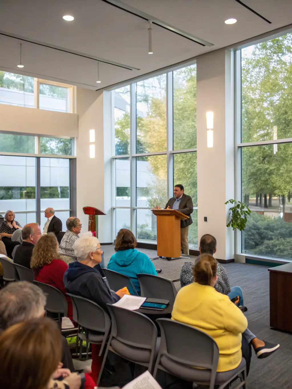 A photograph of a conference or lecture discussing Gilbert Ganteaume's artistic contributions, with a speaker presenting to an engaged audience. The image should convey the intellectual and educational aspects of the event.